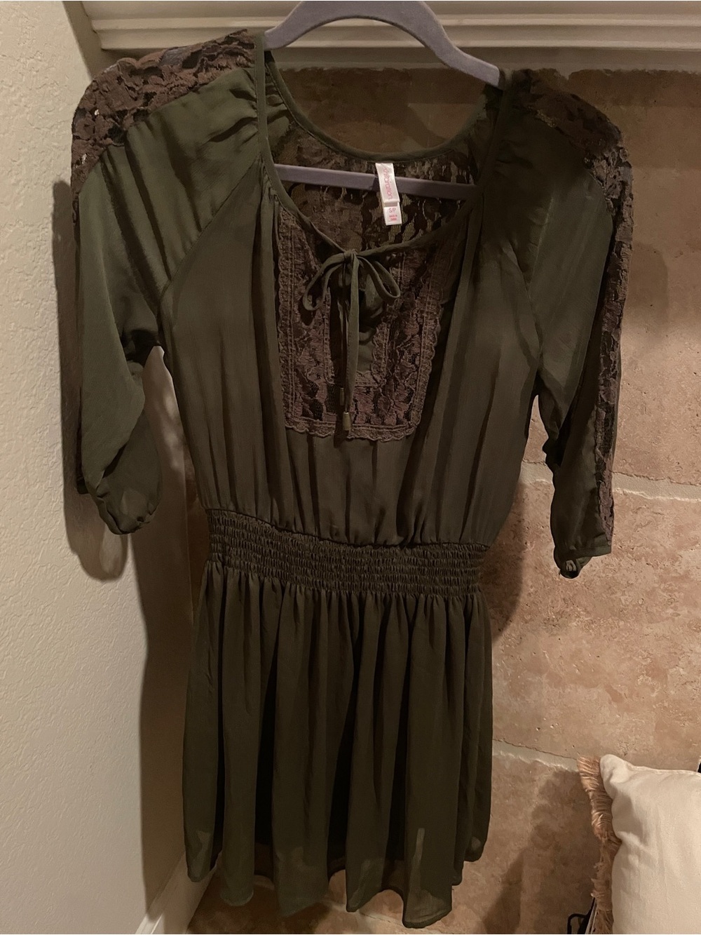 Xhilaration Olive Green Lace Smocked lined mini dress y2k faircore milkmaid SP